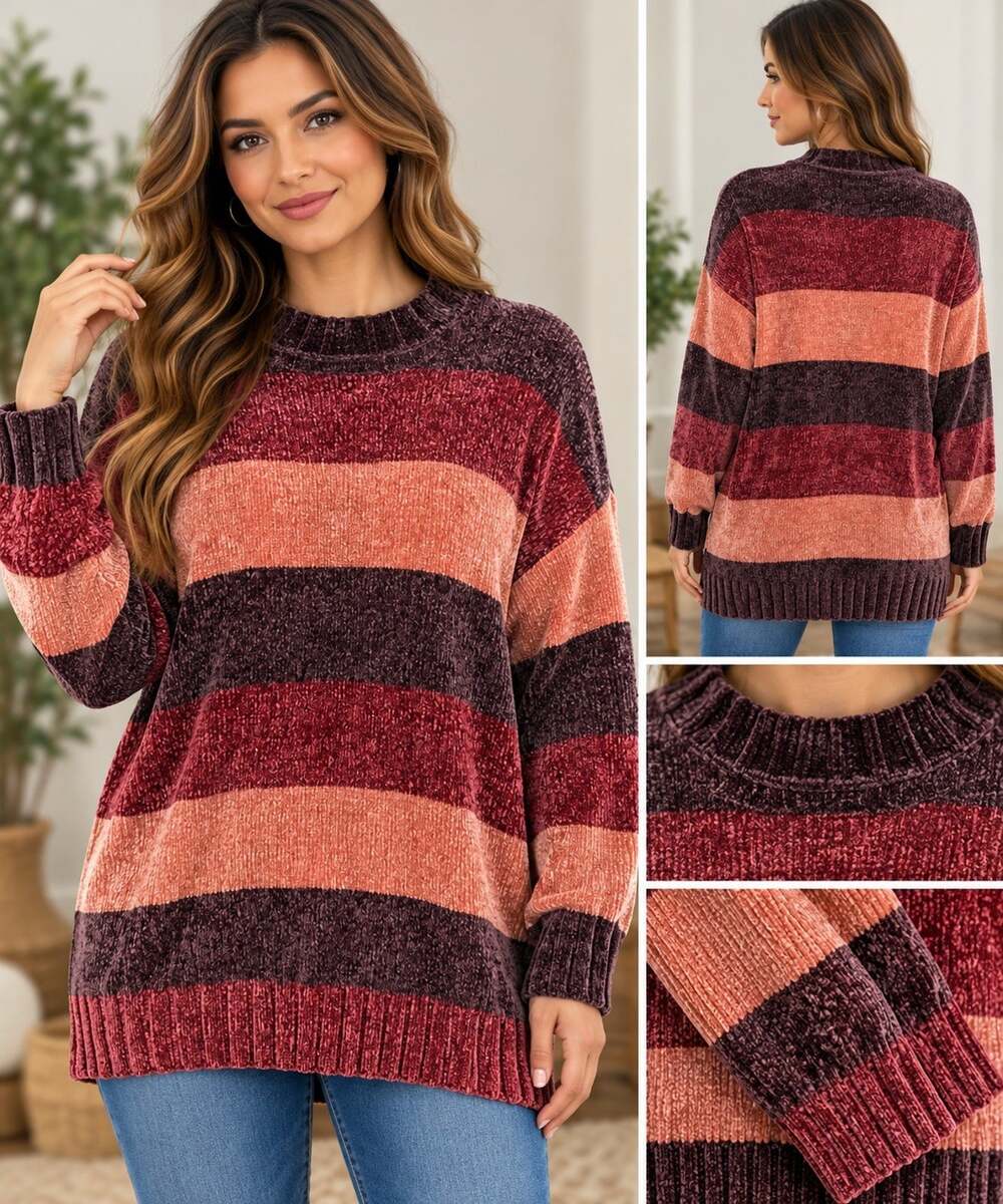 Volcom Women's Chenille Sweater M Burgundy Pink Striped Oversized Pullover EUC